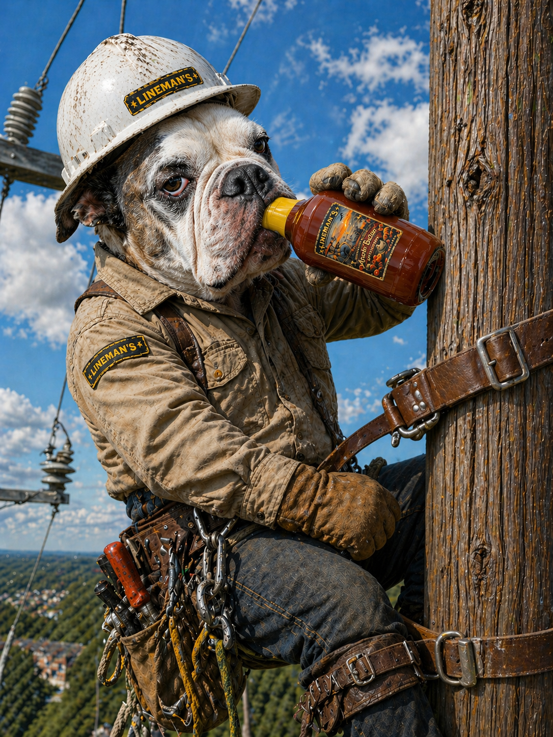 Lineman's mascot bulldog on a utility pole with a bottle of sauce