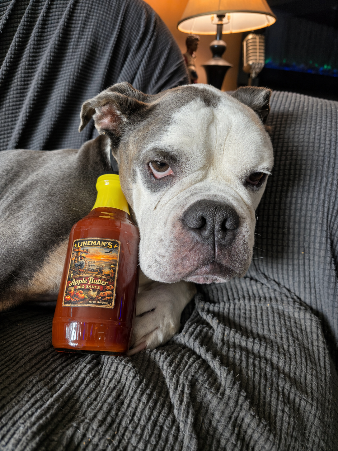 Bulldog mascot with bottle of Lineman's BBQ sauce