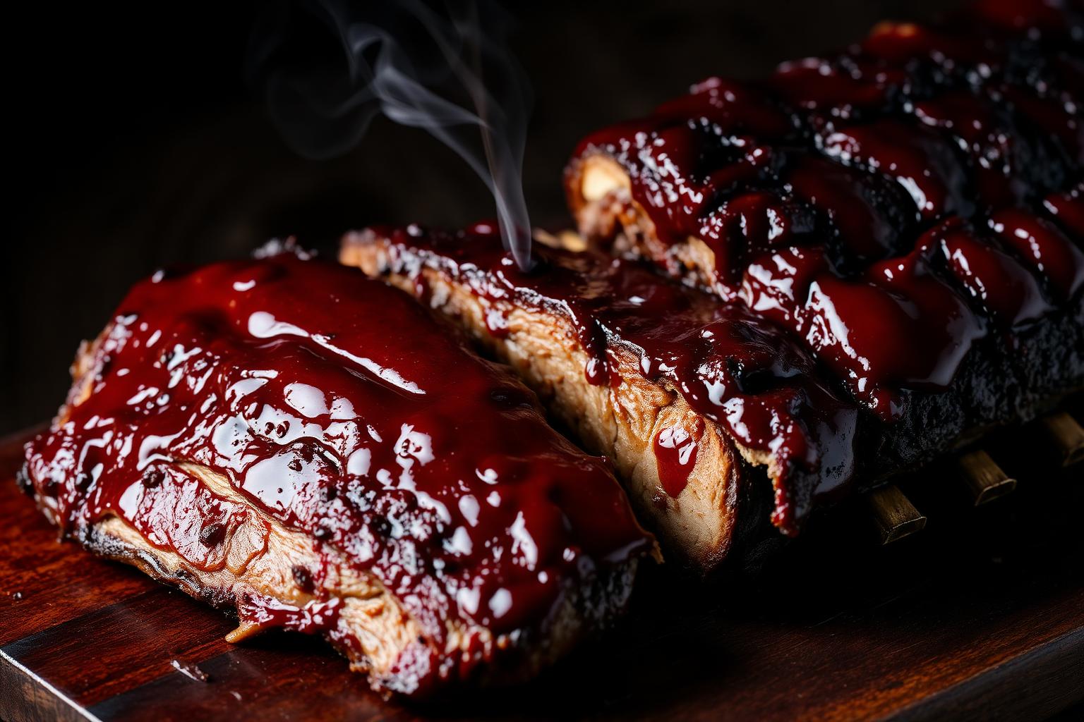 Glossy barbecue sauce-glazed ribs with smoke rising